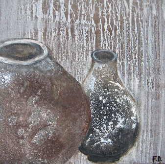 oude kruiken acryl op doek (25 op 25 cm)